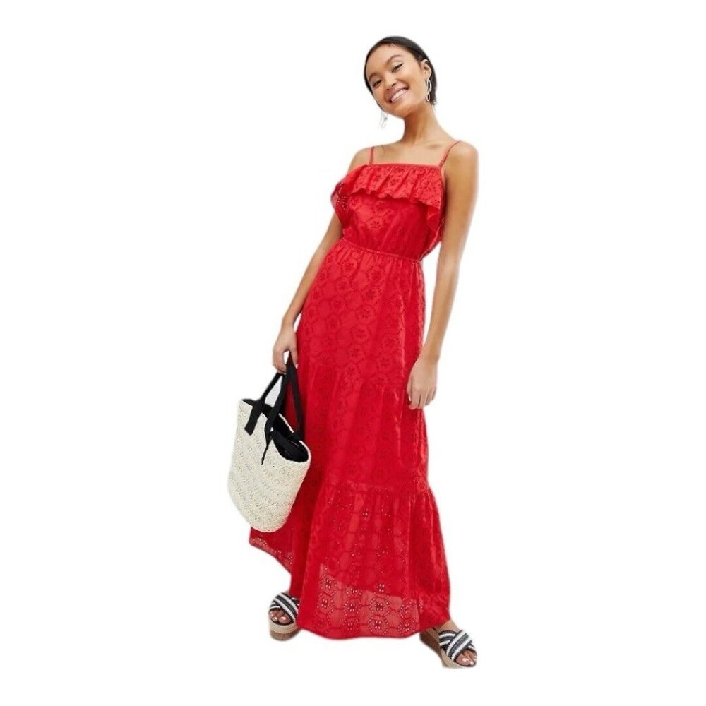 ASOS Dress‎ Womens 4 Red Broderie Tiered Cami Maxi Eyelet Sundress Cotton Lined